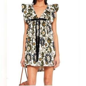 O.P.T Floral Print Deep V-Neckline Babydoll Mini Dress In Olive Green L EUC